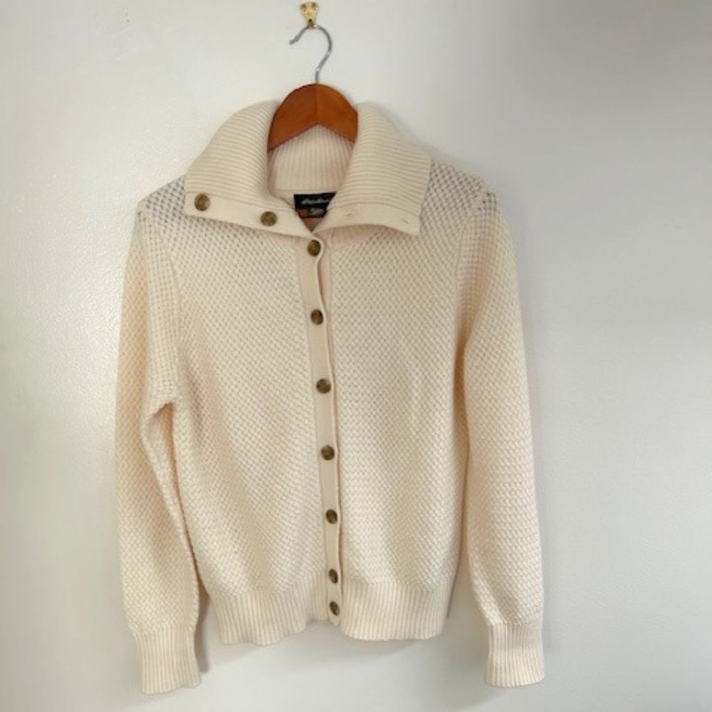 Eddie Bauer Cream Cotton/Wool Blend Cardigan Sweater- Size Large